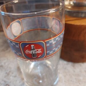 1990's Coca-Cola Blue Checkered Banded 4 Oz Pair of Juice Glasses Anchor Hocking